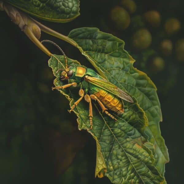 Macro image of a colorful insect on a leaf.